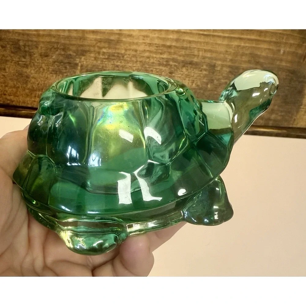 Vintage Turtle Votive Candle Holder, Indiana Glass Heavy Spanish Green Glass USA